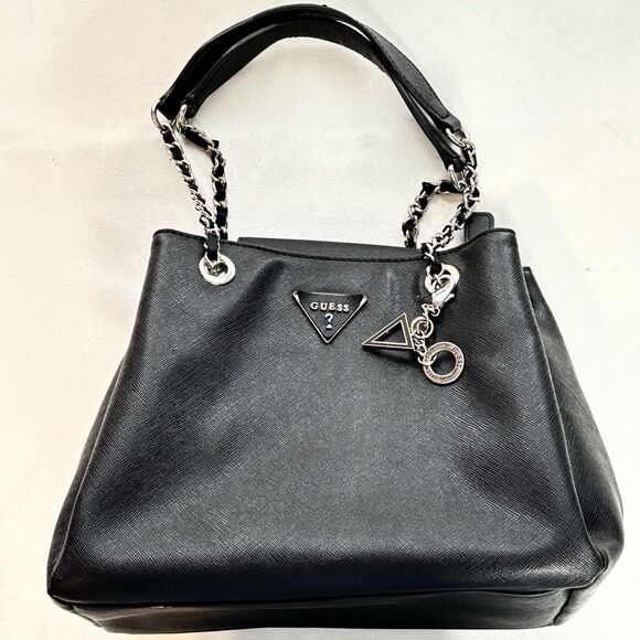 GUESS Black Double Handle Satchel Chain Straps Shoulder bag 3 Compartment Purse - Picture 1 of 11